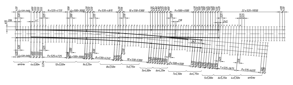 Схема укладки Стрелочный перевод типа Р65марки 1/11 - Проект: 2713.00.000